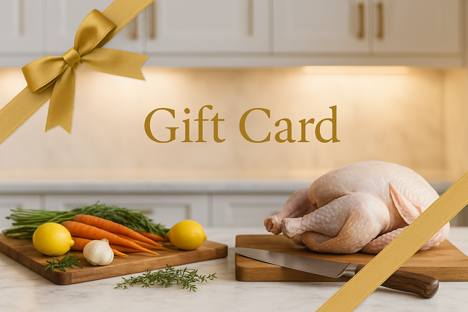Gift card on a marble counter with gold ribbon, knife, and fresh ingredients.